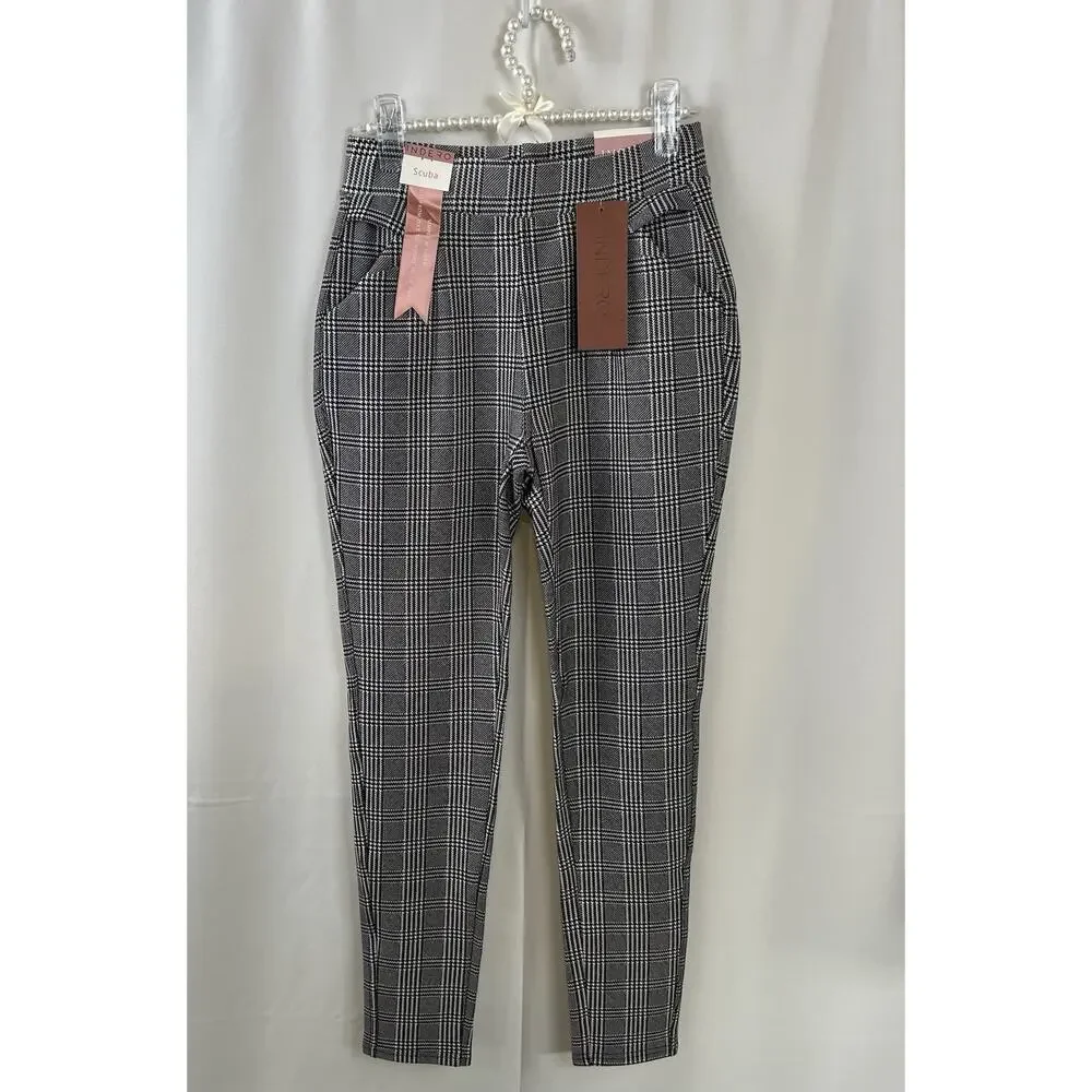 Indero Scuba Pants NWT Black/White Plaid Spandex Women's Size S/M
